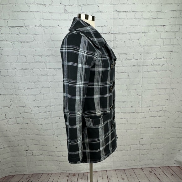 Billabong Jacket Womens Medium Black Plaid Tapered Waist Pea Coat With Pockets - Picture 4 of 16